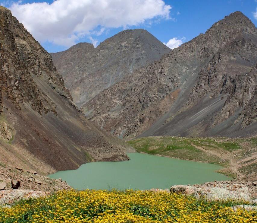 The glaciar lake Rahat is on the Silk Road at the pass Juku