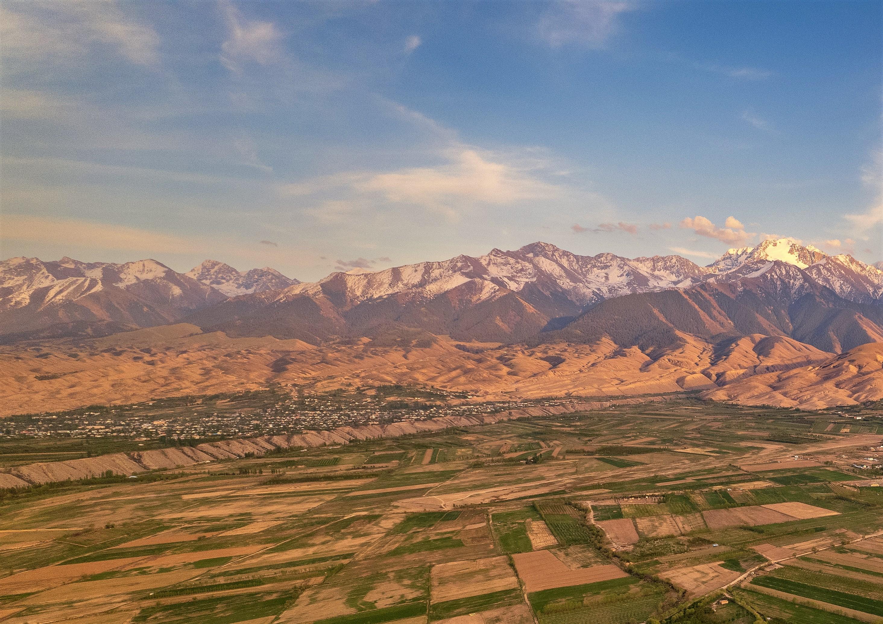 Aerial view of Barskoon village and surroundings mountains