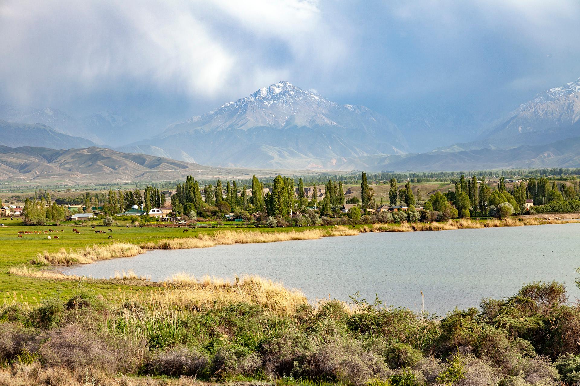 View of the peak Juku from the Bay of Kyzyl Suu, lake Issyk Kul