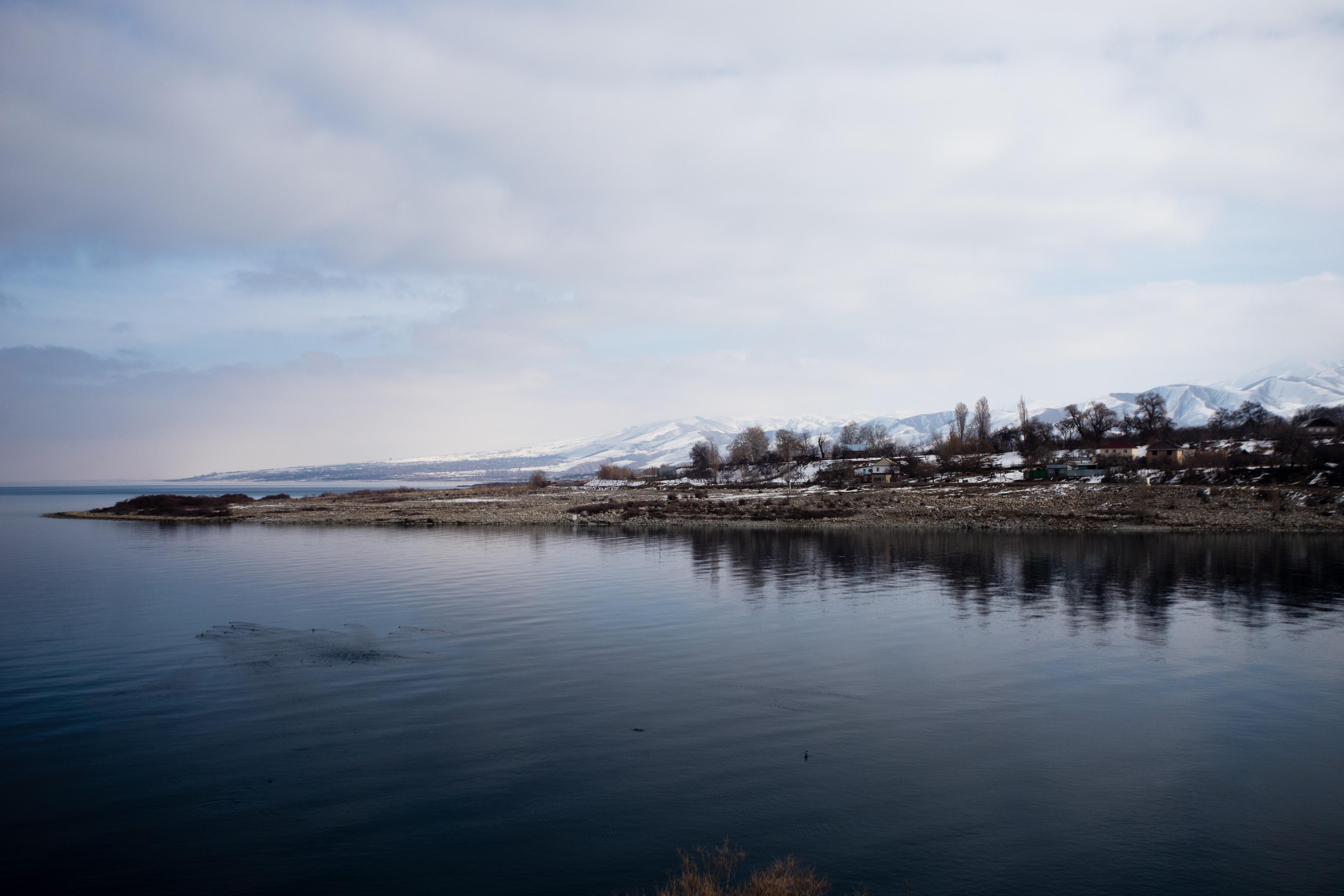 Bay of Kyzyl Suu on South shore of Issyk Kul lake in Kyrgyzstan