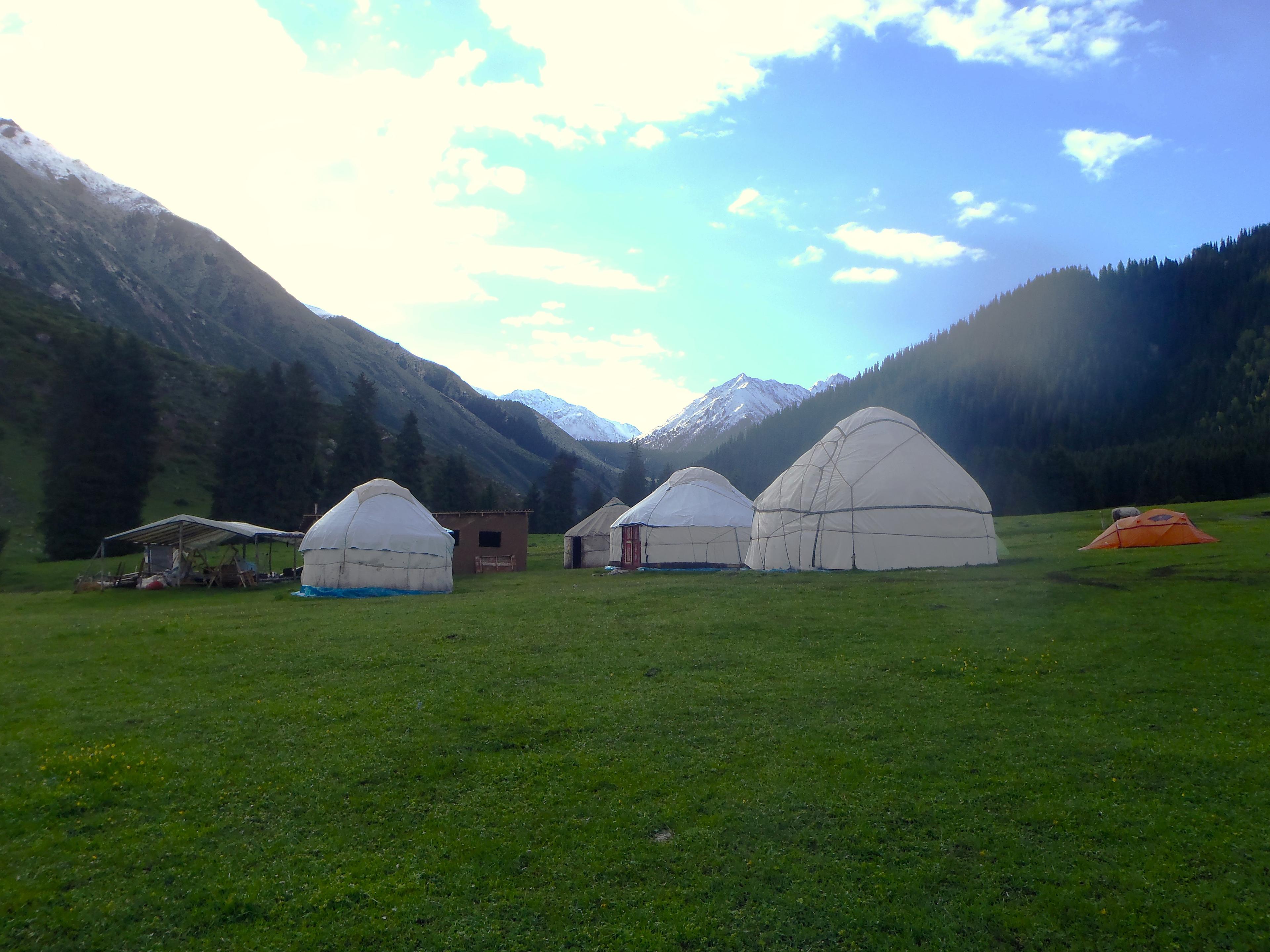 Summer yurt camp in the middle of green meadows on the foot of 5000 meters peaks