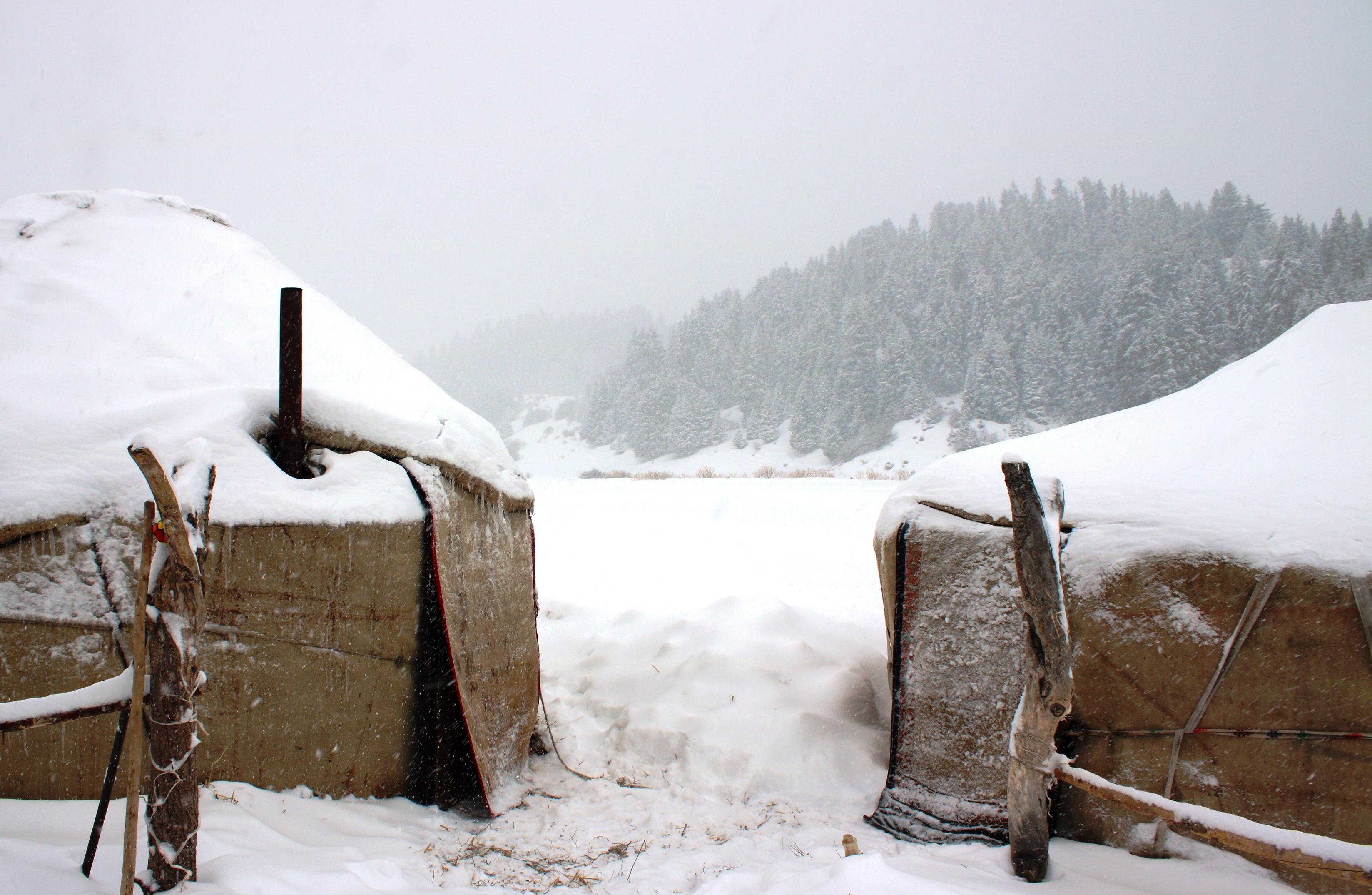 Siuttu Bulak yurt camp under fresh snow